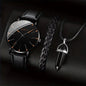 3-Piece Men's Leather Band Quartz Watch Set – 41mm Case, Necklace & Bracelet
