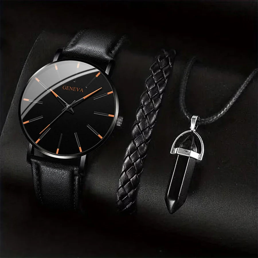 3-Piece Men's Business Casual Quartz Watch Set with Leather Strap, Necklace & Bracelet — 41mm (1.61 in) Case