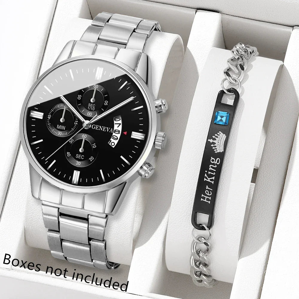 Men's Stainless Steel Quartz Wrist Watch with Calendar – 41mm Round Business Dress Watch