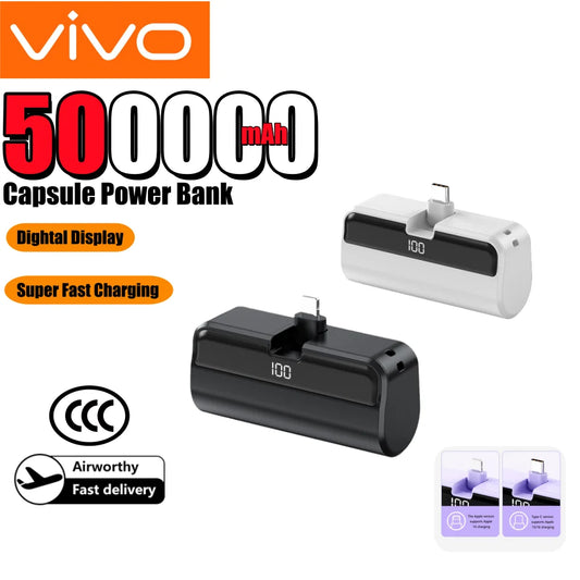 50000mAh Capsule Power Bank – Portable High-Capacity Fast Charger with Built-In Cables & Digital Display for iPhone Samsung Android