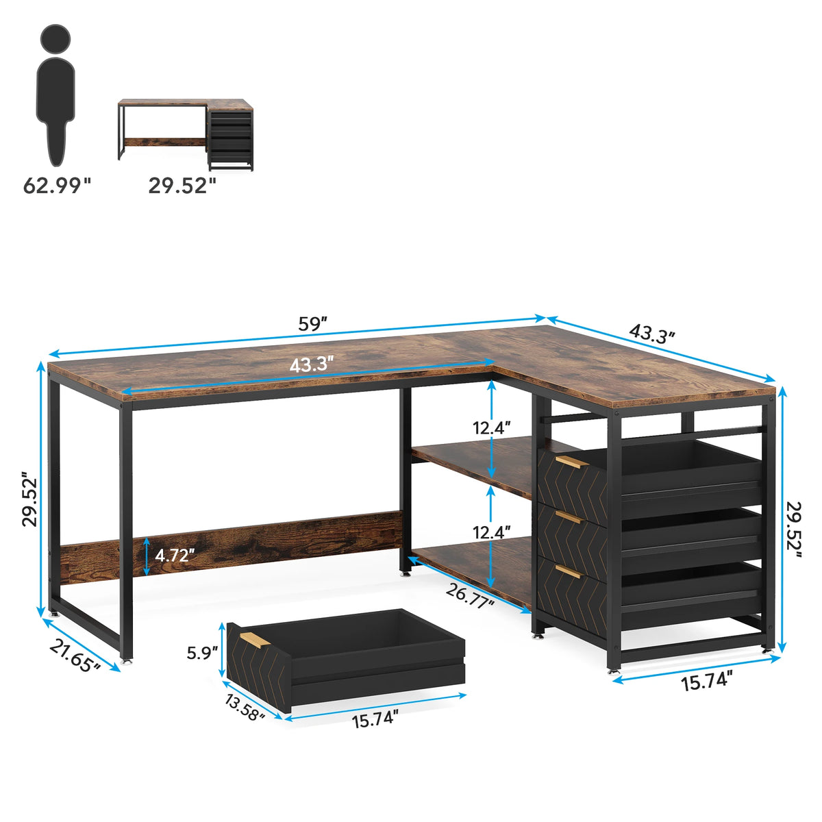 Tribesigns 59" L-Shaped Corner Desk - 4 Drawers, 2-Tier Open Shelf, Reversible, E1 Particle Board, Metal Frame, Adjustable Feet, 1-Year Warranty - Dark Gray / Chocolate / White