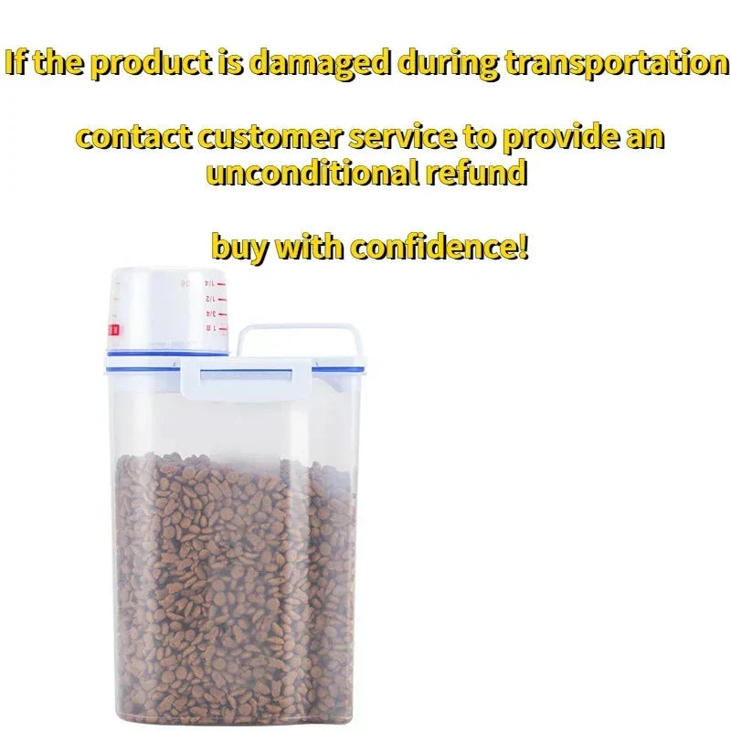 Airtight Pet Food Storage Container with Measuring Cup – 1.5kg/2kg Plastic Dog & Cat Food Pail, Moisture-Proof Sealed Jar