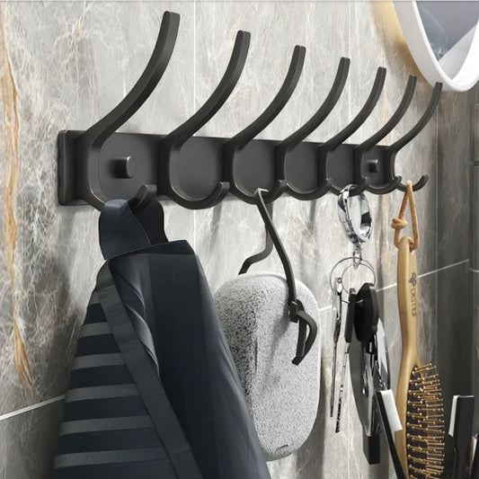 6-Peg Folding Wall Hooks – Aluminum Nail-Mount Towel & Coat Rack, Black/White