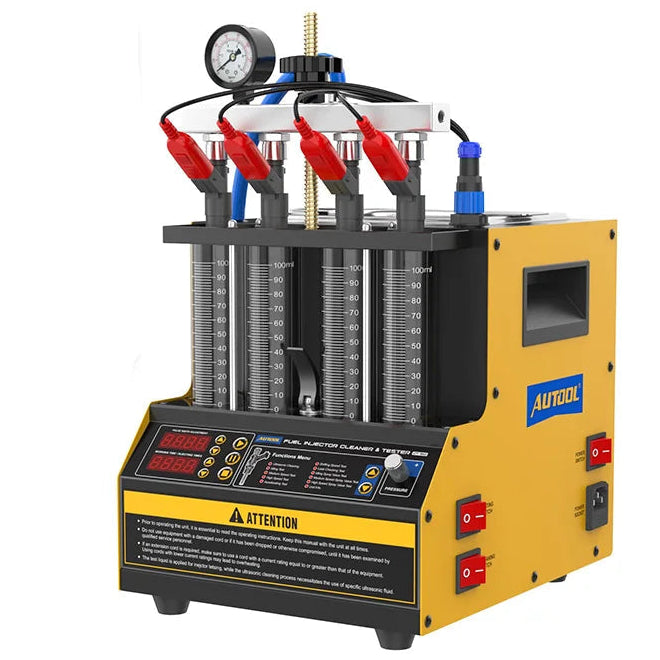 AUTOOOL ultrasonic atomizer machine for automotive fluids, featuring a yellow and black chassis, multiple transparent cylindrical nozzles, red and black electrical connectors, and a digital control panel, shown on a white background with feature icons and an inset showing the spray pattern.