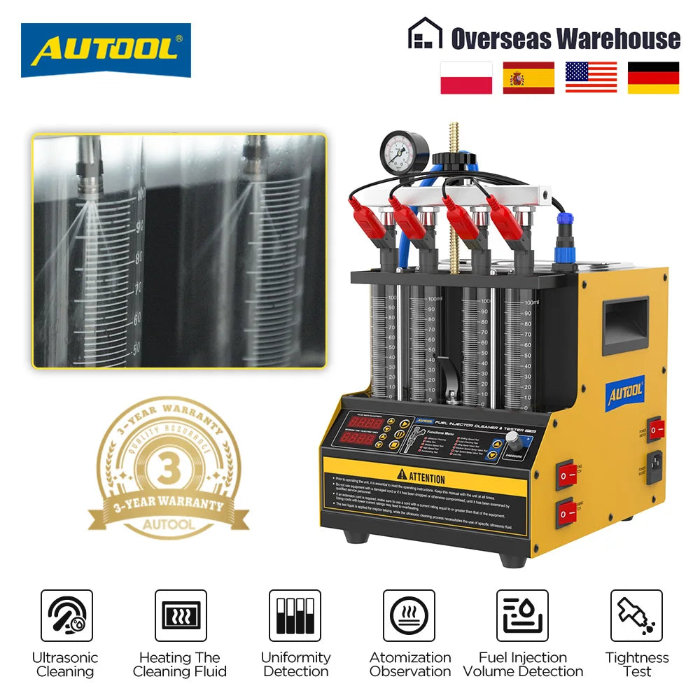 AUTOOOL ultrasonic atomizer machine for automotive fluids, featuring a yellow and black chassis, multiple transparent cylindrical nozzles, red and black electrical connectors, and a digital control panel, shown on a white background with feature icons and an inset showing the spray pattern.