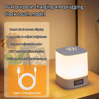 Rechargeable LED Night Light with Clock Display - USB Bedside Lamp, Touch & Remote, Adjustable Brightness & Color Temperature for Nursery & Reading