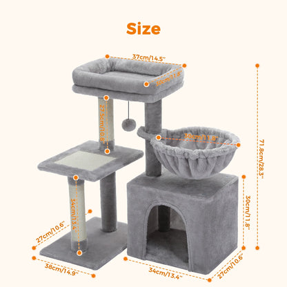 3-Tier Indoor Cat Tree Tower with Sisal Scratching Posts, Large Hammock & Removable Top Perch – Grey