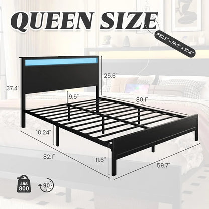 Fluest Queen Bed Frame with Headboard & Footboard, Bed Frame with Built-in Charging Station LED Light, Storage Shelf，Customized