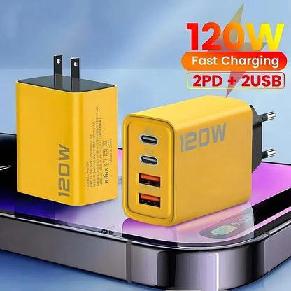 120W 4-Port PD Fast Charger Wall Adapter – 2 USB-C & 2 USB-A Quick Charge with US/EU Plugs