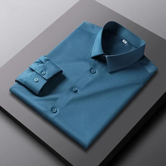Men's Smart Casual Long Sleeve Button-Down Shirt, Knit Broadcloth Solid