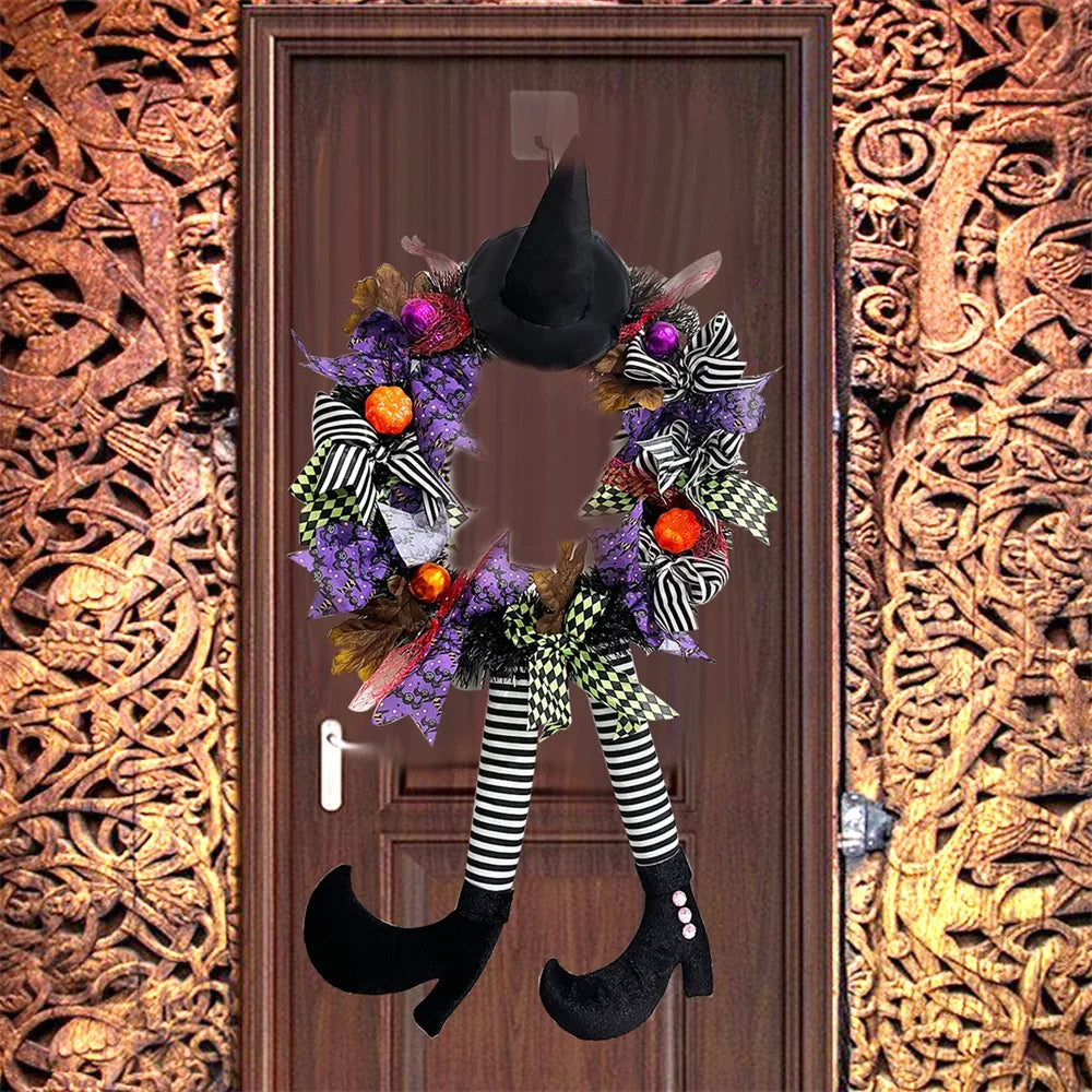 Halloween Witch Leg Pumpkin Wreath - Vintage Rattan Front Door Garland with Acorn, Maple Leaf & Pumpkin Decor for Outdoor Party Display