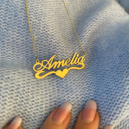Custom Name Necklace for Women – Personalized Heart Ribbon Nameplate, Stainless Steel Chain, Gold or Silver