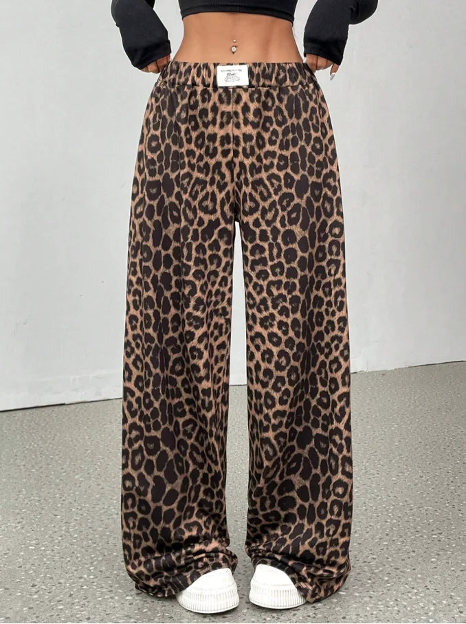 Women's Leopard Print Wide Leg Palazzo Pants – High Waist Loose Casual Trousers, Sizes S–XXL