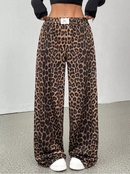 Women's Leopard Print Wide Leg Palazzo Pants – High Waist Loose Casual Trousers, Sizes S–XXL