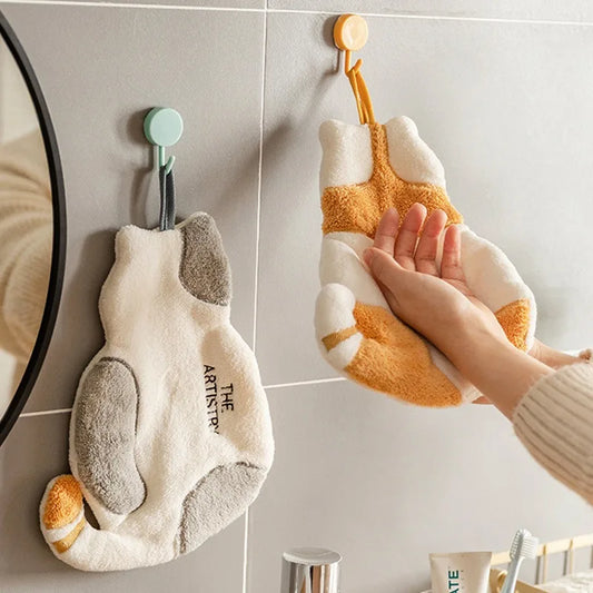 Cute Cat Hanging Hand Towel - Soft Absorbent Coral Fleece Kitchen & Bathroom Towel 30 x 21 cm (11.8 x 8.3 in)