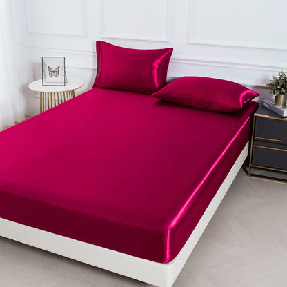 Satin Fitted Sheet Set 3-Piece (1 Fitted Sheet + 2 Pillowcases) Soft Breathable Solid Color Bedding