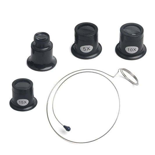 Jeweler Eye Loupe 5X 10X 15X 20X 4-Pack Eye Magnifiers + 1 Glass Loop for Watchmaking & Jewelry