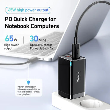 65W GaN Fast Charger – Dual USB-C + USB-A PD Quick Charger with 100W USB-C Cable for Laptop, Phone & Tablet