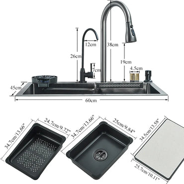 304 Stainless Steel 60 x 45 cm (23.6 x 17.7 in) Single Bowl Kitchen Sink with Waterfall Faucet Set, Soap Dispenser & Filter