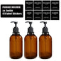500ml (16.9 fl oz) Amber Refillable Pump Bottle Set with Black Label Stickers - Shampoo, Shower Gel & Liquid Soap Dispensers for Bathroom & Kitchen