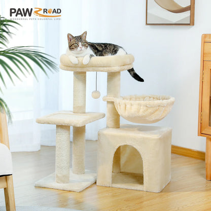 3-Tier Indoor Cat Tree Tower with Sisal Scratching Posts, Large Hammock & Removable Top Perch – Grey