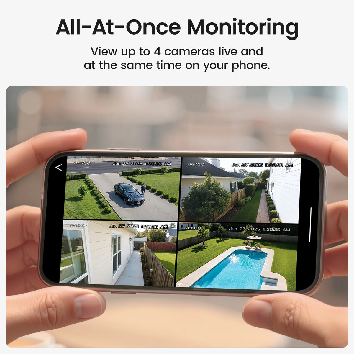Dekco 4-Camera 3MP Solar Security System with DekcoBase - 5000mAh, 360° PTZ, Auto Tracking, No Subscription, Alexa, US Plug