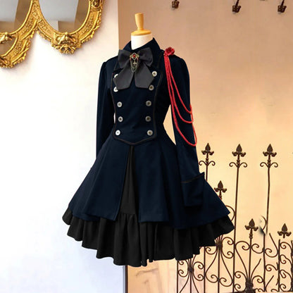MAIGSWHOO Plus Size Gothic Lolita A-Line Princess Dress – Bow Collar, Trumpet Sleeve, Lace-Up Ruffles, Medieval Retro Style, S–5XL