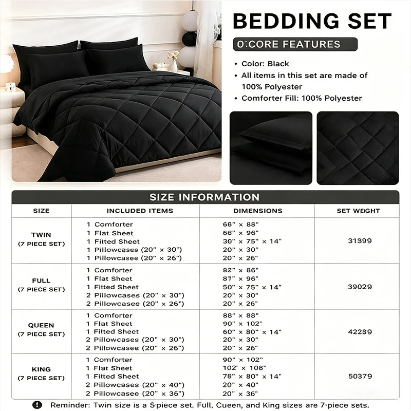 easYum Brushed Polyester Bedding Set - 7-Piece Quilted Comforter Set with Duvet Covers, Bed Sheet & Pillowcases, Twin/Full/Queen/King