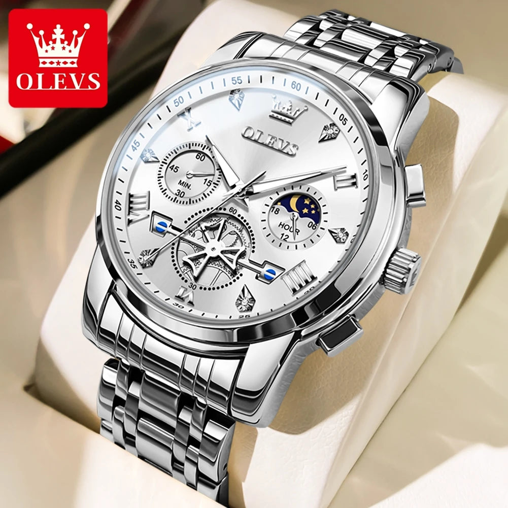 OLEVS 2856 Men's Skeleton Chronograph Watch - Flywheel Dial, Moon Phase, Steel Bracelet, 30m Water Resistant