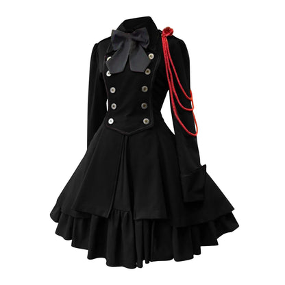 MAIGSWHOO Plus Size Gothic Lolita A-Line Princess Dress – Bow Collar, Trumpet Sleeve, Lace-Up Ruffles, Medieval Retro Style, S–5XL