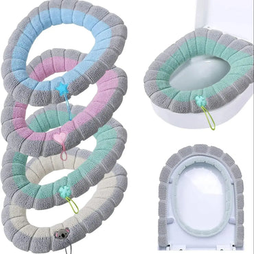 Universal Thick Knit Toilet Seat Cover Cushion - Soft Washable Padded Toilet Seat Warmer with Lid Handle