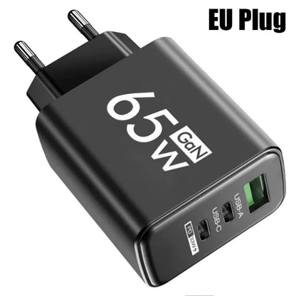 GaN 65W Fast USB-C PD Charger 2x USB-C + USB-A Quick Charge Wall Adapter EU/KR Plug