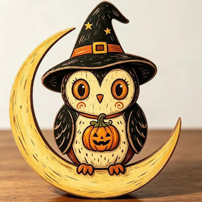 Halloween Hand-Painted Wooden Tabletop Figurines – Owl, Ghost, Pumpkin & Vampire Cat Characters for Shelf, Mantel & Party Decor – 4 Colors