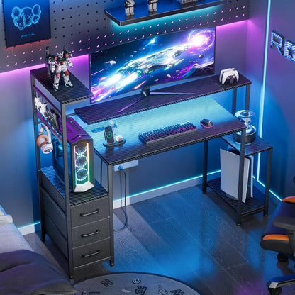 MOYU 48" Gaming Desk - RGB LED, 3 AC Outlets + 2 USB, Carbon Fiber Texture, 3 Drawers, 220 lb, Reversible
