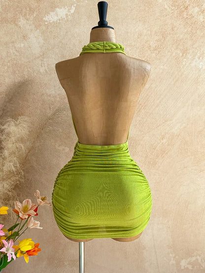Women's Solid Backless Halter Mini Dress - High Stretch Slim Fit Sheath Dress with Elastic Waist for Beach, Vacation & Summer