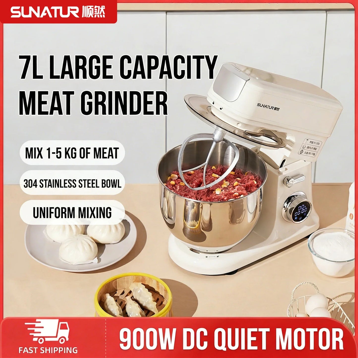 SUNATUR SM-606E Stand Mixer 900W 7L Electric Kitchen Mixer with 11 Speeds & Timer, Ultra-Quiet Dough Mixer for Home Baking