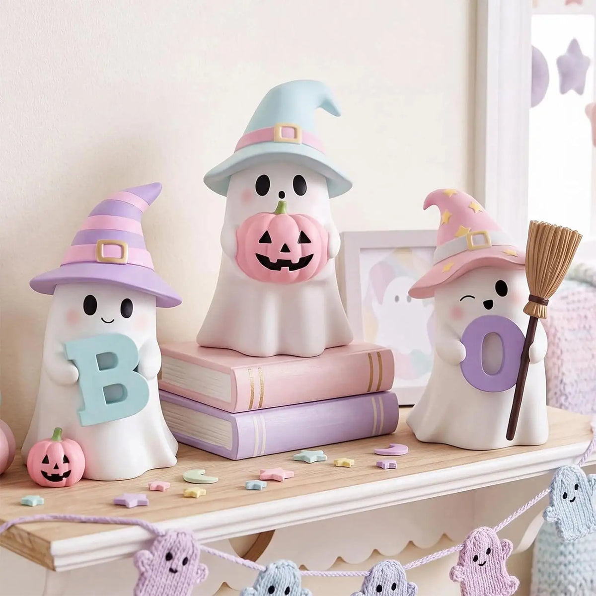 Halloween Ghost & Pink Pumpkin Resin Figurine Set – 3-Pack Cute Spooky Statues for Shelf, Mantel, Desk & Tabletop Decor