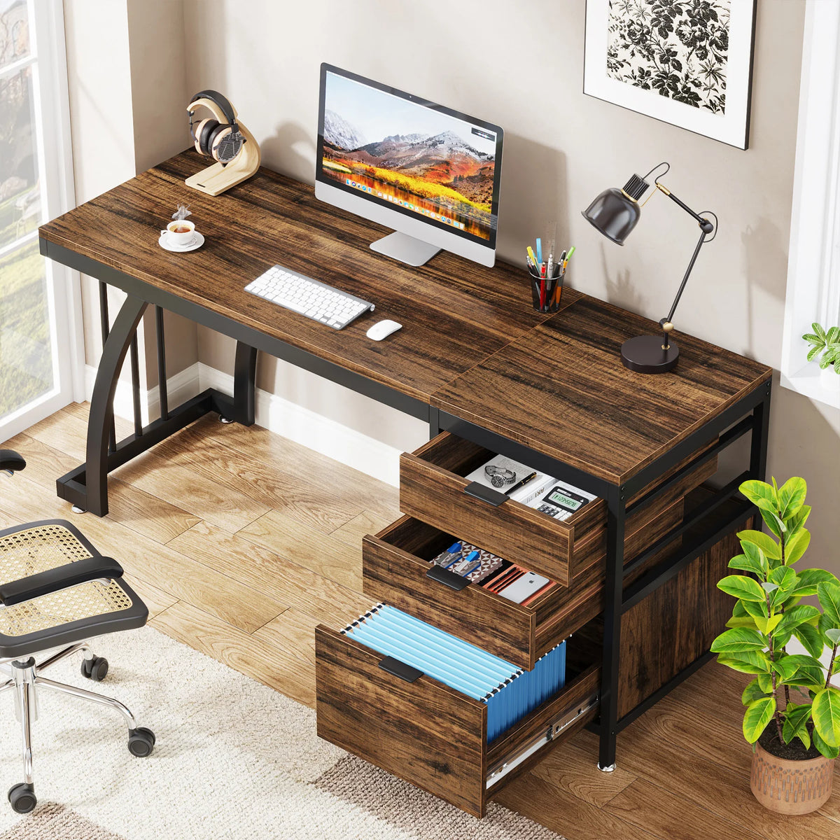 Tribesigns 59" Computer Desk with 3 Drawers - 59x19.68" Industrial Writing Table, Reversible Drawer Unit, Metal Frame, White/Rustic Brown/Walnut