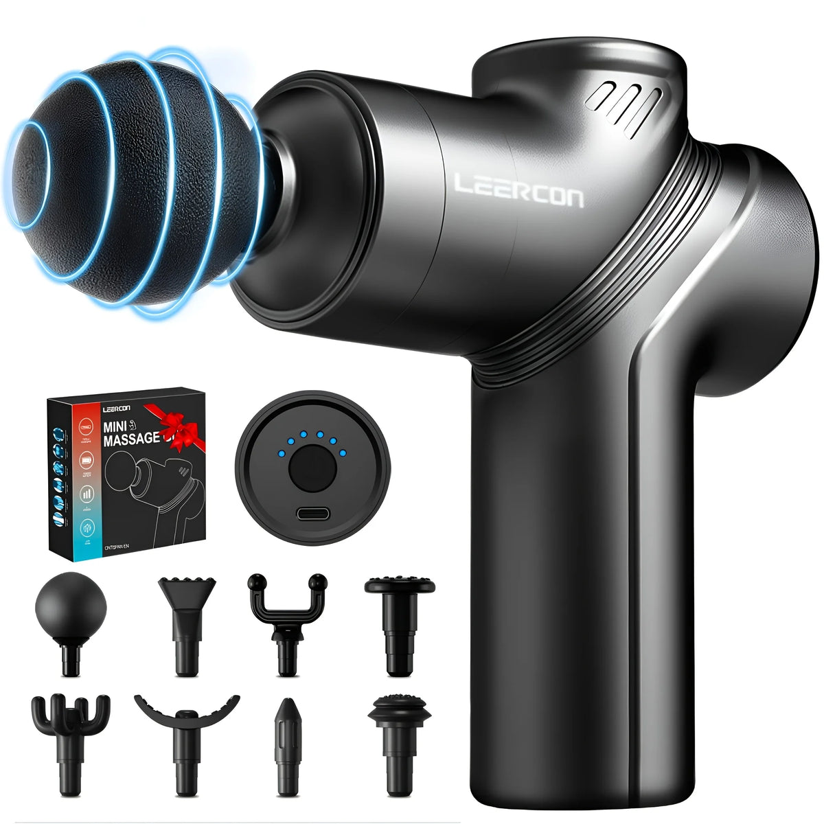 LEERCON Mini Massage Gun – Deep Tissue Percussion Massager, Silent Brushless Motor, 6 Speeds, 4 Heads, USB-C, for Women & Men