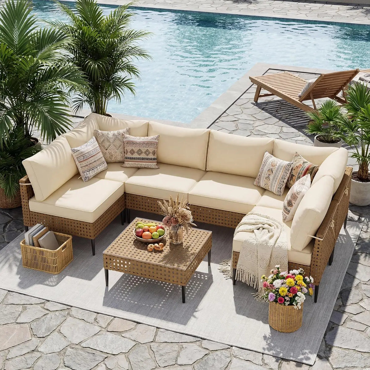 7-Piece High-Leg Modular PE Wicker Outdoor Sectional Sofa Set - Rust-Proof Frame, 4" Seat Cushions, Machine-Washable Covers, Tempered Glass Table