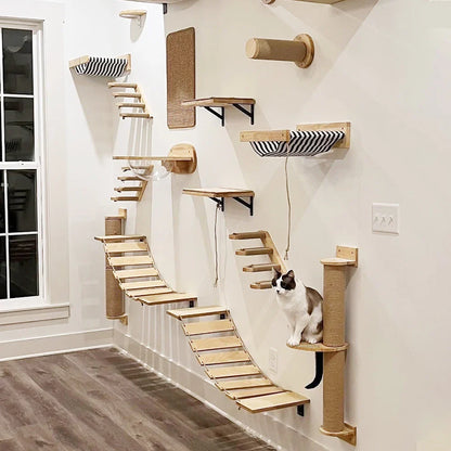 Wall-Mounted Cat Climbing Shelves with Steps, Scratching Post and Hideaway Bed