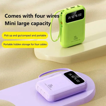 500000mAh Portable Power Bank 20W Fast Charge, Built-In 4 Cables, LED Light & Digital Display