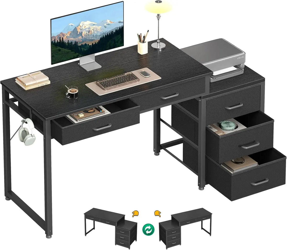 53" Computer Desk with 5 Drawers - Study Desk, Vanity Table, Home Office, Bedroom - Rustic Brown, Black, White