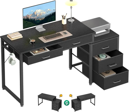 53" Computer Desk with 5 Drawers - Study Desk, Vanity Table, Home Office, Bedroom - Rustic Brown, Black, White