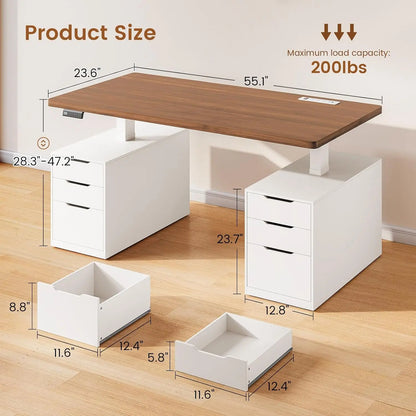 55" Electric Sit-Stand Desk with 6 Drawers - Height Adjustable 28.3"-47.2", 3 Memory Presets, 4 Power Outlets + 2 USB, 220 lb Capacity, FSC Wood Top, Black/White