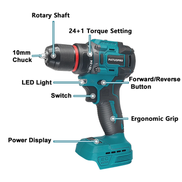 Brushless Cordless Drill 2-Speed - 3/8 in (0.8–10 mm) Keyless Chuck - 21+1 Torque - Compatible with 18V Slide Batteries (Battery Not Included)