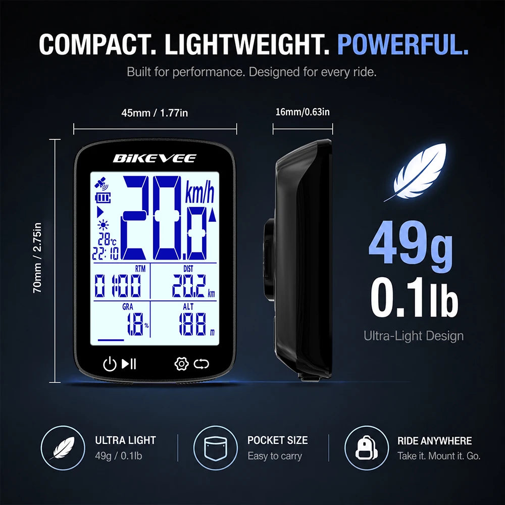 Bikevee BKV-500 GPS Bike Computer with Bluetooth 5.3 - 2.4" LCD, 28hr Battery, 5-Satellite GPS, IPX7, External Sensor Support, 50g, 2-Year Warranty