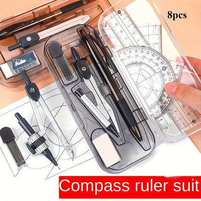 8-Piece Geometry Drawing Set for School — Compass, Mechanical Pencil, Protractor, Ruler & Tripod with Storage Case
