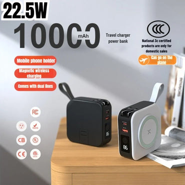 10000mAh Magnetic Wireless Power Bank 23W Fast Charging with AC Plug – 5-in-1 Portable Charger