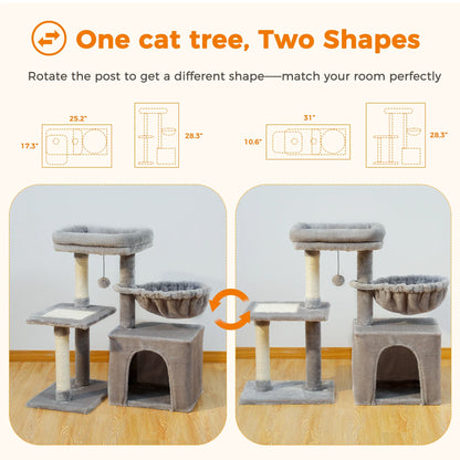 3-Tier Indoor Cat Tree Tower with Sisal Scratching Posts, Large Hammock & Removable Top Perch – Grey